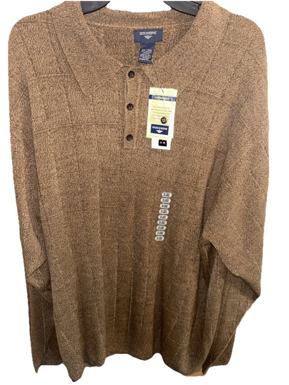 Dockers Men's Coffee Brown Collared 3-Button Pattern Sweater Pullover Size 3XL